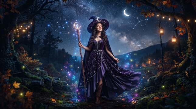 A enchanting witch stands in a mystical forest at night, holding a glowing staff, under a crescent moon and starry sky. The scene is illuminated by magical lights and fairy lights.