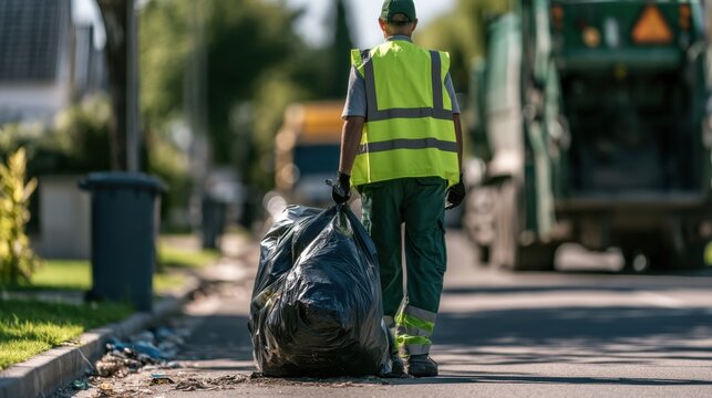 Waste collector in reflective vest walking on street holding black garbage bag near garbage truck in residential area on sunny day