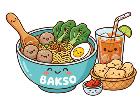 Cute kawaii a smiling bowl of bakso with noodles