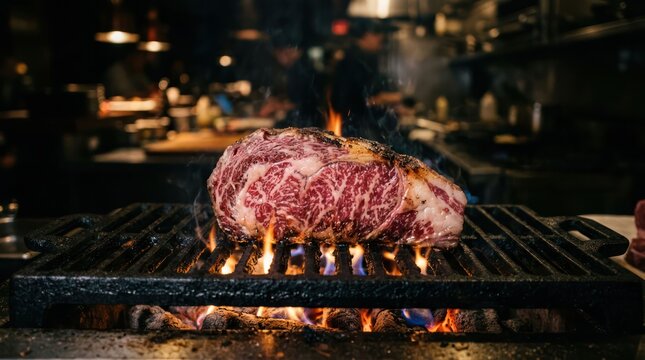 Juicy Ribeye Steak Sizzling on a Hot Grill with Flames.