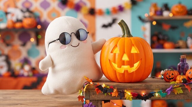 Cute ghost plush with sunglasses and a carved pumpkin lantern, surrounded by Halloween decorations. A playful and spooky scene, perfect for the holiday