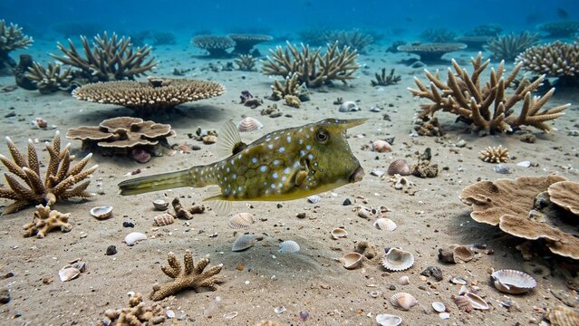 Longhorn Boxfish Swimming Over Sandy Seabed With Table Corals And Seashells