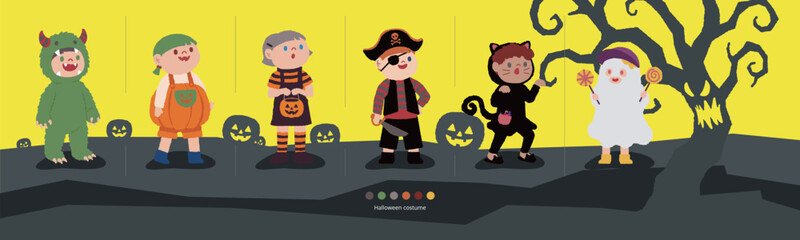 Naklejka premium Halloween festival concept illustration of children in costumes with pumpkins and a spooky tree