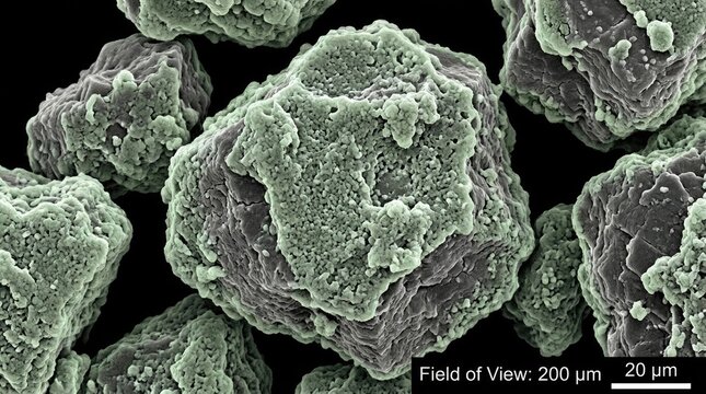 Solid electrolyte interphase layer forming on irregular carbon graphite particles, demonstrating scanning electron microscopy view, revealing lithium ion battery anode degradation.
