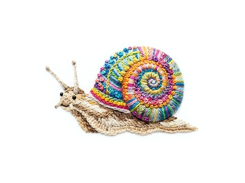 Crocheted snail with beige body and vibrant rainbow spiral shell featuring blue, pink, yellow, and green hues