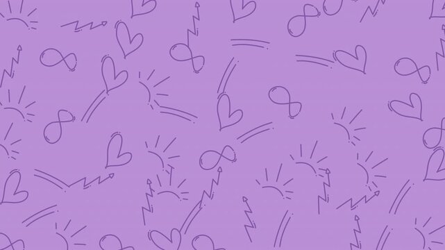 Seamless pattern background with hand drawn hearts and infinity symbols on purple.