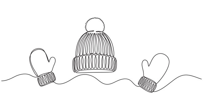 Line drawing depicts a winter hat and two mittens on a white background