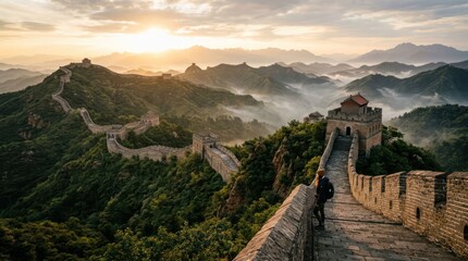 Fototapeta premium Majestic Great Wall of China at Sunrise with Misty Mountains.