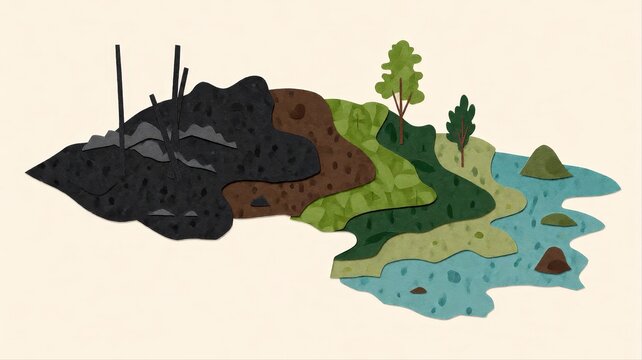 Artistic Map of Diverse Landscape Elements with Water, Forest, and Hills