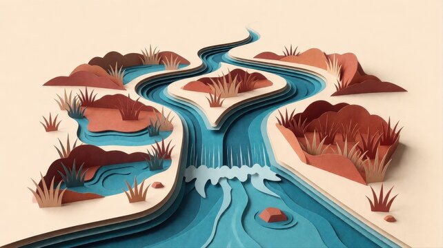 Paper Art Illustration of Flowing River with Terrain and Vegetation Elements