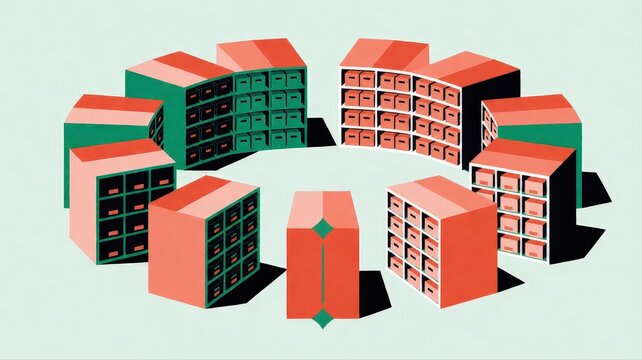 Modern geometric structure with colorful arch-like walls and cuboid blocks in vibrant shades