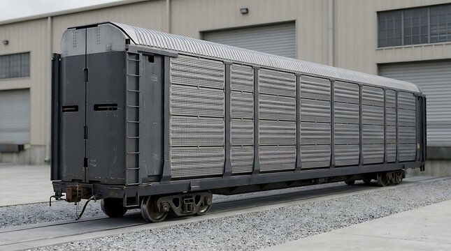 A detailed side view of a modern autorack railcar parked on railway tracks near an industrial warehouse