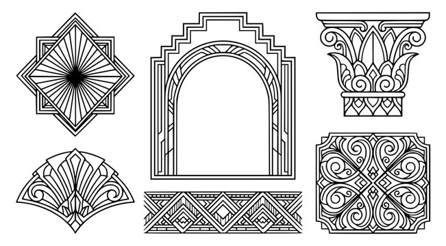 Art Deco Geometric Frame and Border Collection Vol.2 with Diamond Sunburst Stepped Arches Fan Motifs Chevron Borders Lotus Capitals and Ornamental Panels