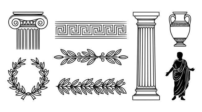 Ancient Greek and Roman Ornament Collection Vol.2 with Ionic Capital Greek Key Frieze Doric Column Amphora Olive Wreath Laurel Border and Toga Figure