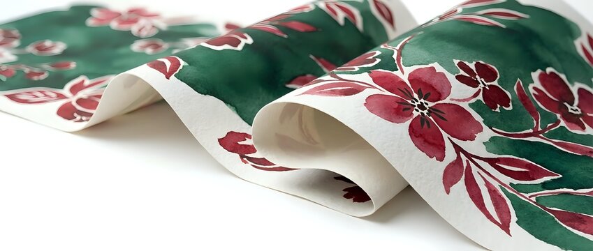 Rolled fabric with red and pink floral pattern on green background with cream reverse side