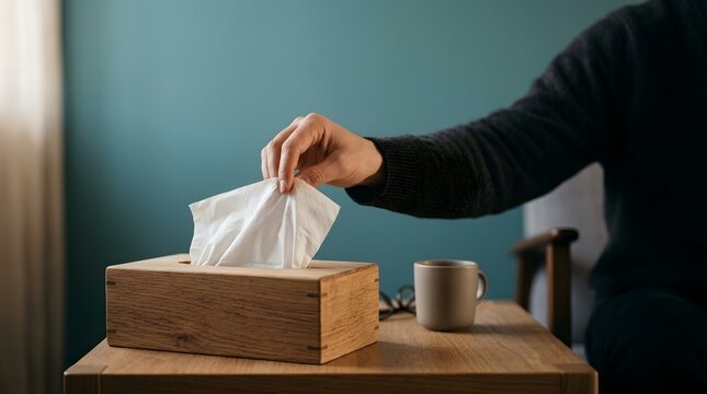 A person pulling out a white tissue from a wooden box on a table, symbolizing comfort, healing, grief relief, and emotional support in a calm room.
