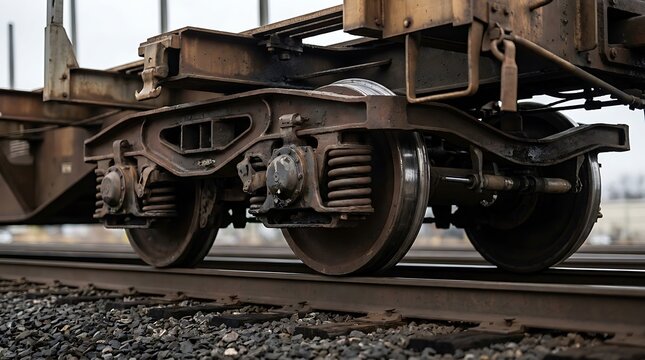Close up view of freight autorack railcar bogie and wheels standing on the railroad tracks ready for heavy transport