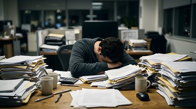 An exhausted office worker sleeping or resting his head on a desk surrounded by massive stacks of paperwork and coffee cups late at night.