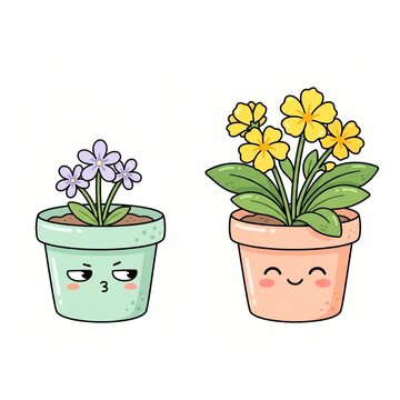Cute kawaii flower pots with different expressions: jealous purple flower in green pot and happy yellow primrose in peach pot vector illustration isolated on white background