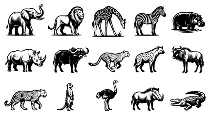 Fototapeta premium African Safari Animals Vector Icons Set - Black and White Line Art Wildlife Illustrations