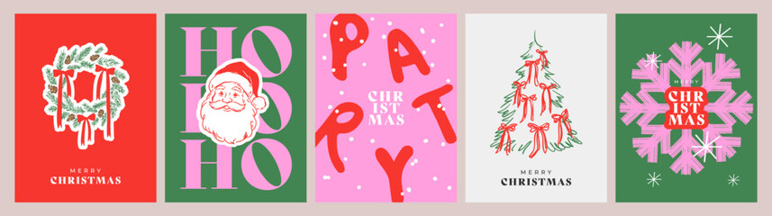 Obraz na płótnie Canvas Modern Christmas card collection with bold typography and hand-drawn festive illustrations, featuring Santa, wreaths, Christmas tree and snowflakes in a playful contemporary style.