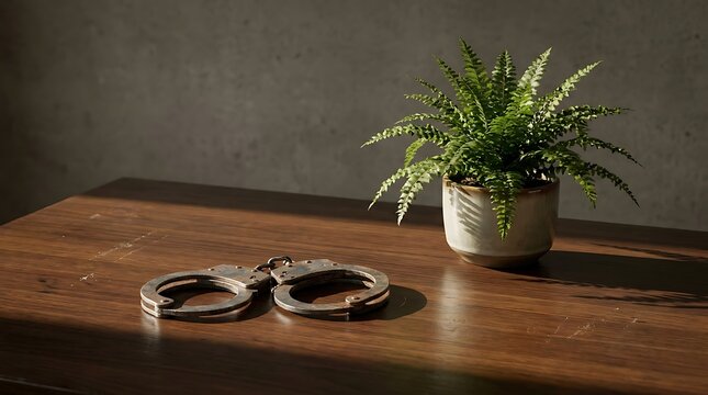 Abolish police concept with metal handcuffs and potted fern plant on wooden table in a room interior