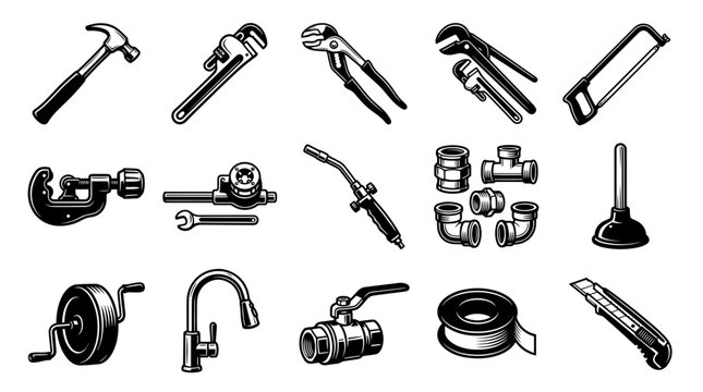 Plumbing Tools and Fixtures Set, Black and White Vector Icons