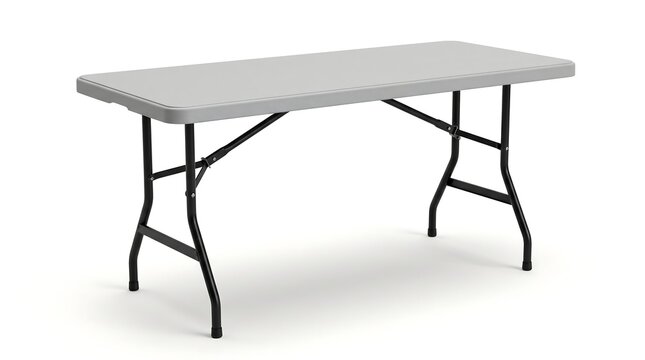 White rectangular folding table with black metal legs isolated on white background