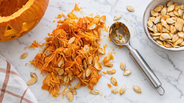Pumpkin seeds and pulp on marble background, carved jack-o-lantern for Halloween preparation, orange vegetable guts with metal scoop and bowl, top view flat lay
