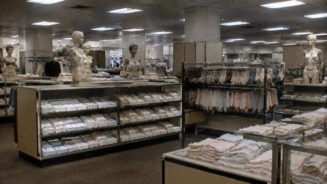 Vintage department store lingerie section with mannequins, folded underwear and clothing displays, representing traditional fashion retail and shopping
