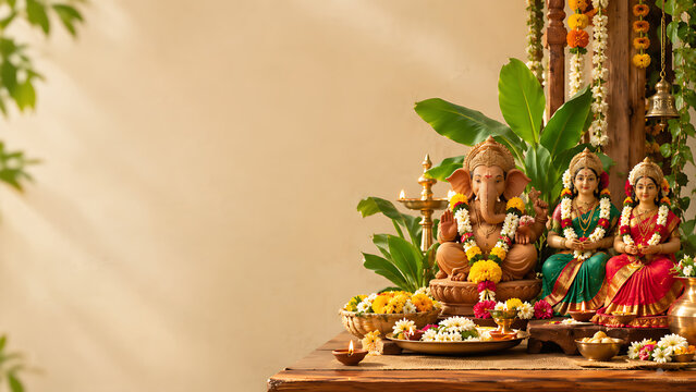 Beautiful Gauri Ganpati Celebration with Gauri Mata and Ganpati Bappa, Maharashtrian Traditional Decoration, Sacred Puja and Hindu Festival