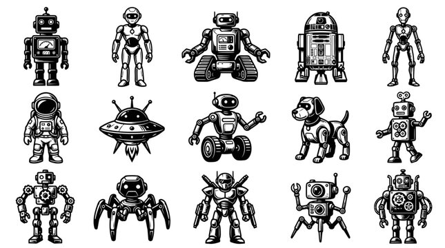 Black and White Line Art Robots and Astronauts for Technology and Sci-Fi Concepts