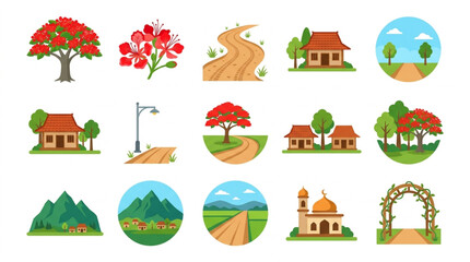 Fototapeta premium Modern Colorful Flat Illustrations of Scenic Landscapes Trees Houses and Architectural Elements for Design Projects