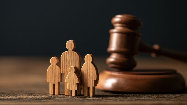 Wooden figure family silhouette with judge gavel on wooden table symbolizing family law legal justice concept