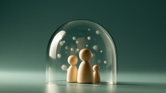 Conceptual image of wooden figures representing family protected under glass dome with floating particles symbolizing virus or contamination barrier