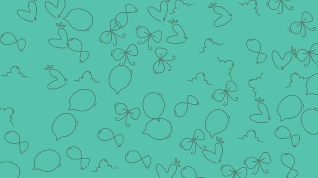 Seamless pattern with hand drawn bows and balloons on a teal background.