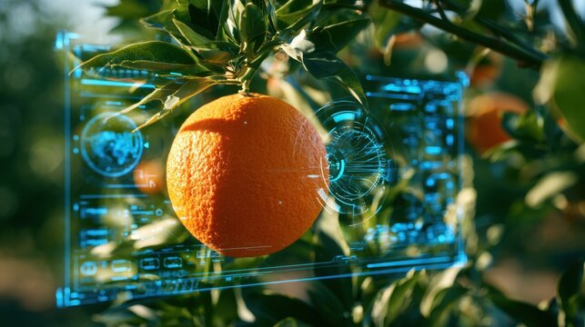 Close-up of ripe orange hanging from tree branch with futuristic digital interface and data visualization technology overlay in orchard