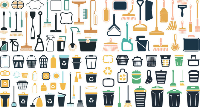 Comprehensive collection of cleaning utensils and tools including brooms mops waste bins spray bottles brushes scrub brushes and other sanitation equipment for household and commercial use