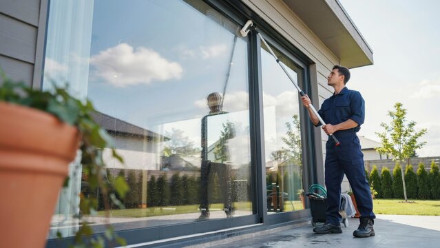 Young man using a window washer squeegee with a long pole to clean.