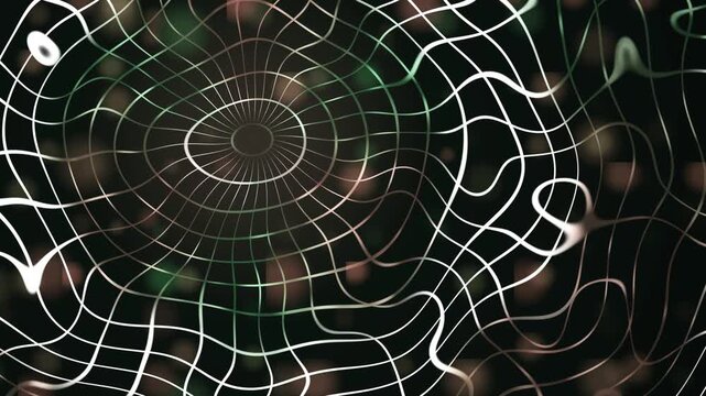 Abstract digital grid tunnel animation with glowing curved wireframe lines loop