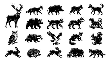 Obraz premium Black and White Vector Icons of Wildlife Animals for Nature Themes