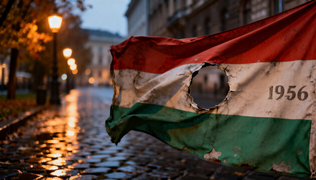 Tattered Hungarian flag with a large central hole commemorates the historic nineteen fifty six revolution event
