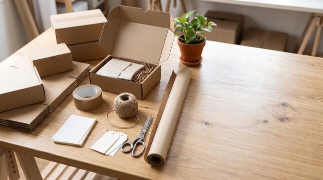 Small business packaging workspace with cardboard boxes, wrapping paper, labels, twine, and scissors on a wooden table.