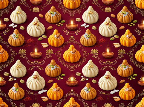 Diwali Sweets and Earthen Diyas Pattern With Modak, Ladoo and Festive Indian Desserts on Maroon Background