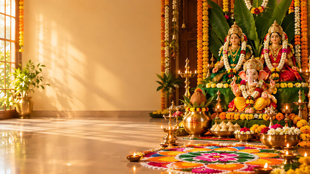 Auspicious Gauri Ganpati Festival Celebration with Goddess Gauri and Lord Ganesha, Traditional Marathi Culture, Puja Decor and Festive Worship