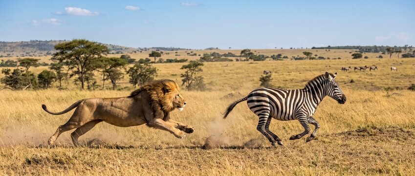 Lion Chase Zebra in Savannah: A powerful lion in full pursuit of a fleeing zebra across the vast, sun-drenched plains of the African savannah, showcasing the raw drama of the wild.