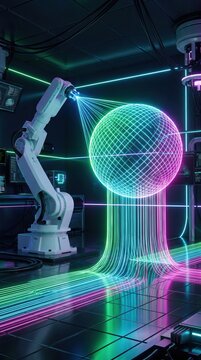 Futuristic robotic arm 3D printing glowing neon holographic sphere in dark lab with laser grid