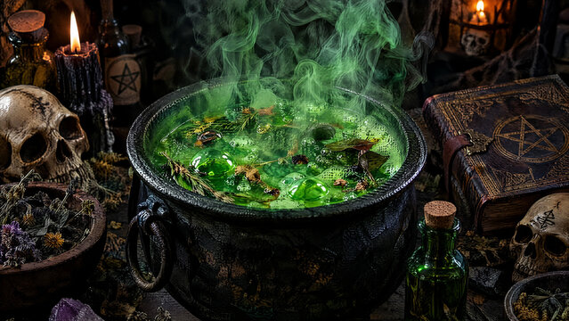 Dark fantasy witch's cauldron bubbling with green potion and smoke, surrounded by occult objects, skull, spellbook, and candles on a wooden table, mystical Halloween scene