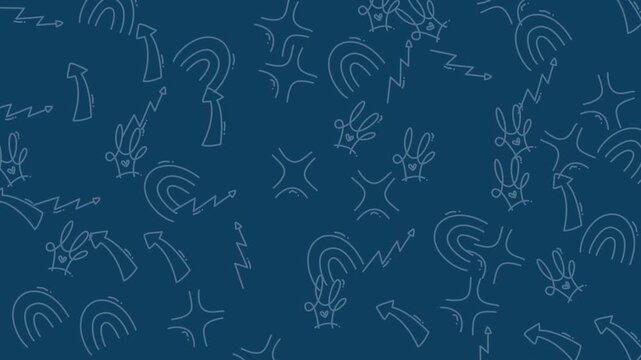 Seamless pattern design featuring hand drawn doodle style abstract symbols on a dark blue background.