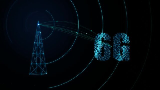 Futuristic 6G telecommunication tower sending glowing blue digital data signals in cyberspace loop